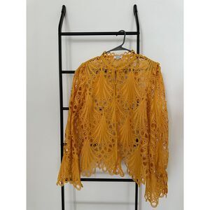 J. Brooks Boutique Yellow Crochet Lace Blouse Statement Cuff Size XL